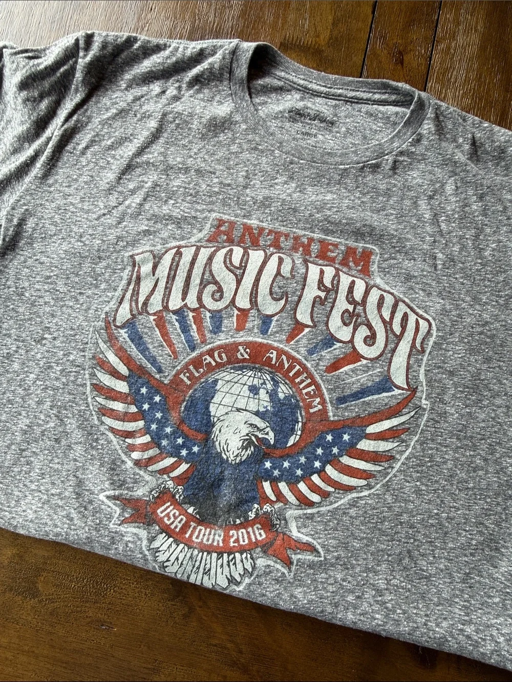 Flag and anthem Gray Graphic Tee with Red, White & Blue Patriotic Eagle